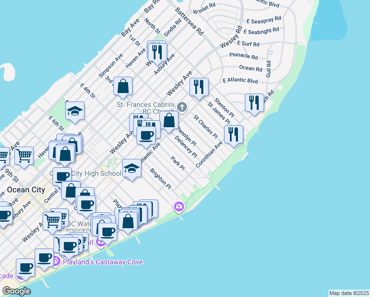 map of restaurants, bars, coffee shops, grocery stores, and more near 850 Delancey Place in Ocean City