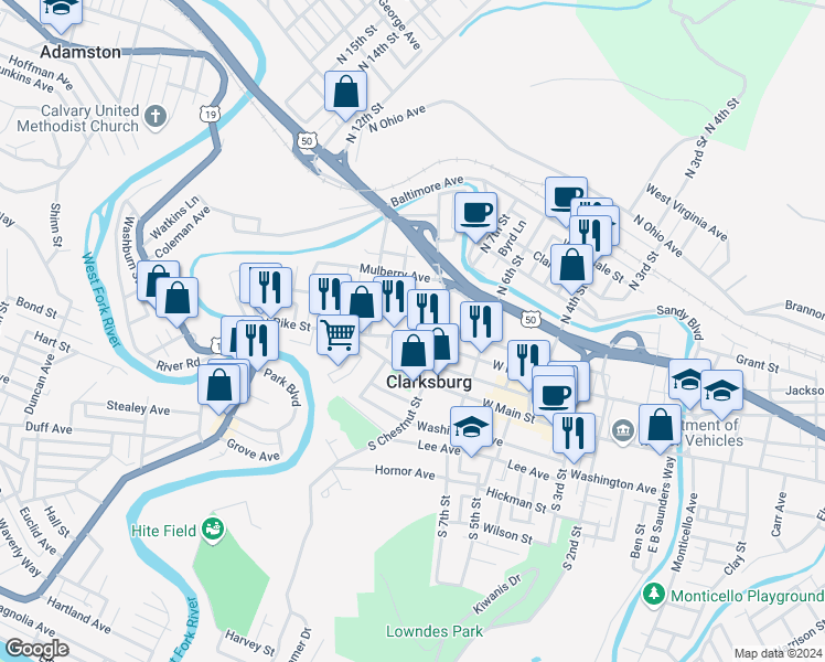 map of restaurants, bars, coffee shops, grocery stores, and more near 620 West Pike Street in Clarksburg