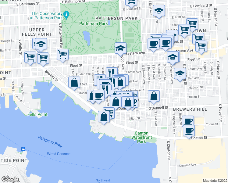map of restaurants, bars, coffee shops, grocery stores, and more near Hudson St & S Kenwood Ave in Baltimore