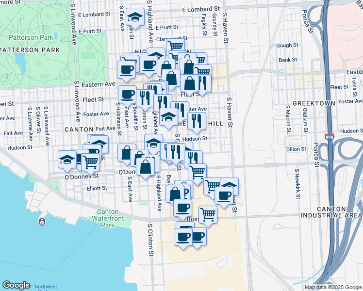 map of restaurants, bars, coffee shops, grocery stores, and more near 915 South Conkling Street in Baltimore