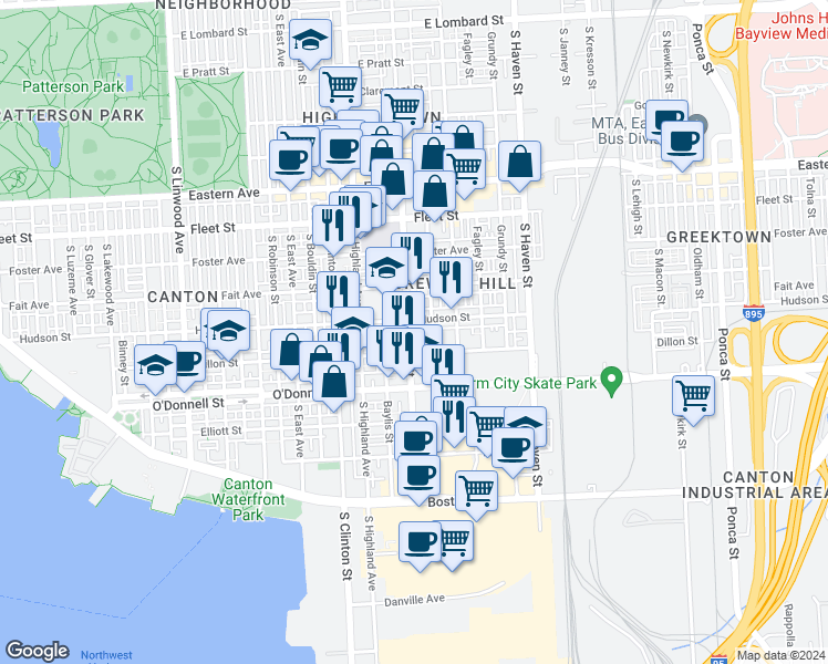 map of restaurants, bars, coffee shops, grocery stores, and more near 915 South Conkling Street in Baltimore