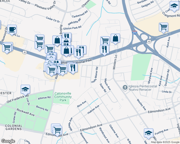 map of restaurants, bars, coffee shops, grocery stores, and more near 353 North Beaumont Avenue in Catonsville