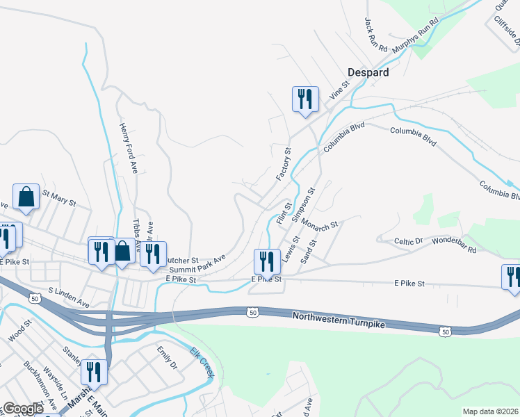 map of restaurants, bars, coffee shops, grocery stores, and more near 650 Summit Park Ave in Clarksburg