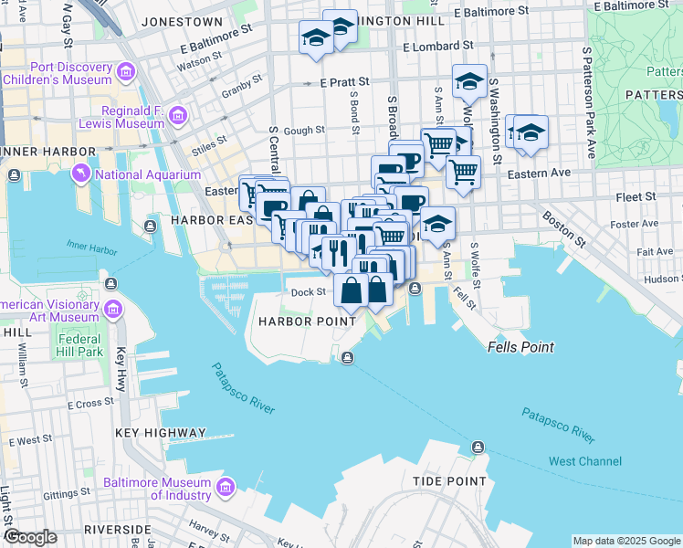 map of restaurants, bars, coffee shops, grocery stores, and more near 801 South Caroline Street in Baltimore