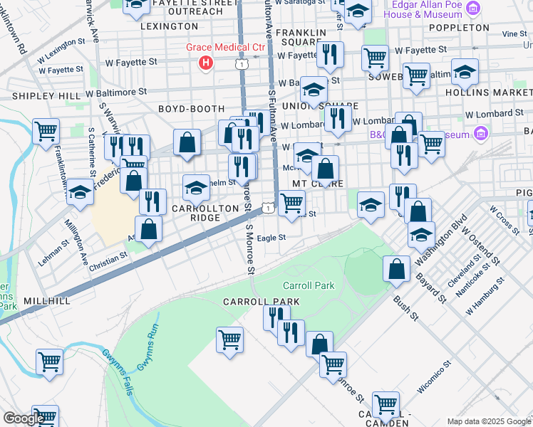 map of restaurants, bars, coffee shops, grocery stores, and more near 1823 Wilkens Avenue in Baltimore