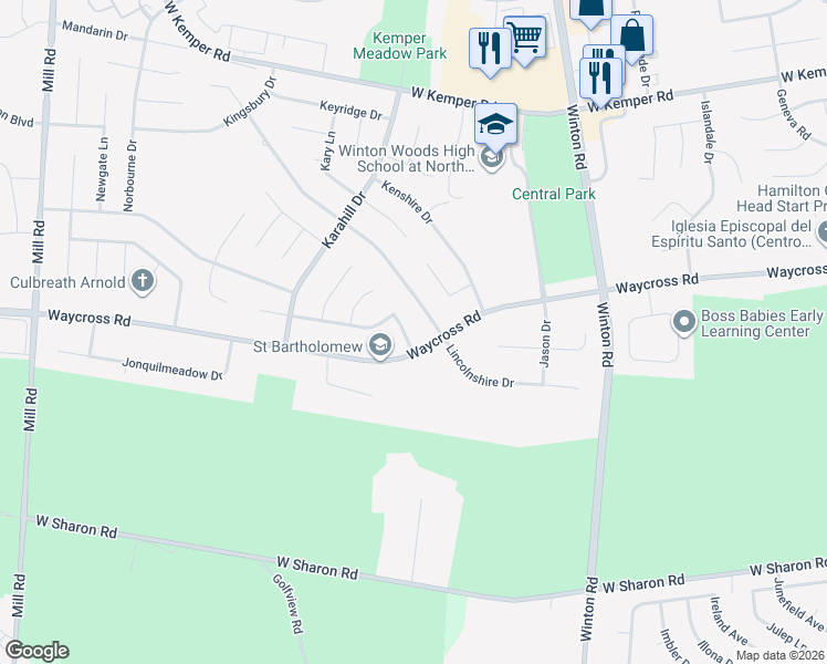 map of restaurants, bars, coffee shops, grocery stores, and more near 1308 Longacre Drive in Cincinnati