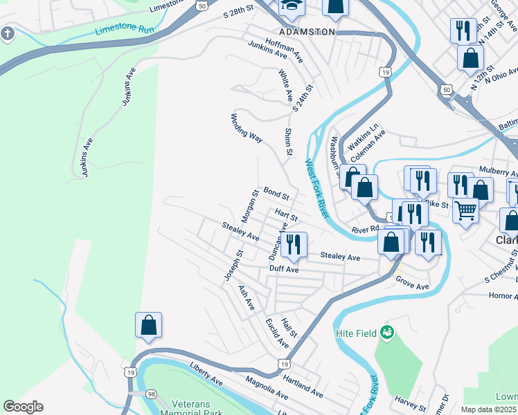 map of restaurants, bars, coffee shops, grocery stores, and more near 625 Hart St in Clarksburg