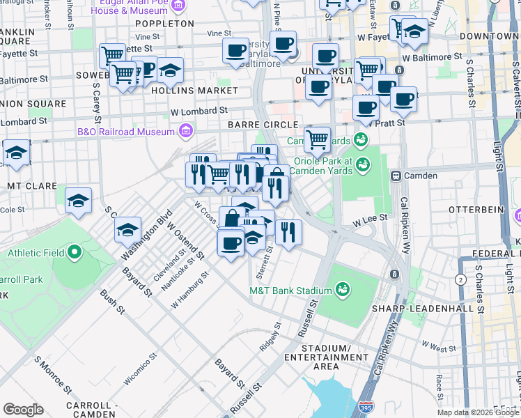 map of restaurants, bars, coffee shops, grocery stores, and more near 772 Carroll Street in Baltimore