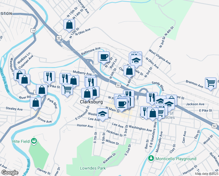map of restaurants, bars, coffee shops, grocery stores, and more near 115-124 North 6th Street in Clarksburg