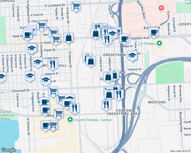 map of restaurants, bars, coffee shops, grocery stores, and more near 968 South Macon Street in Baltimore