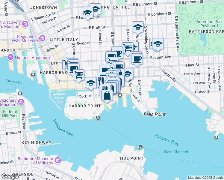 map of restaurants, bars, coffee shops, grocery stores, and more near 1632 Shakespeare Street in Baltimore