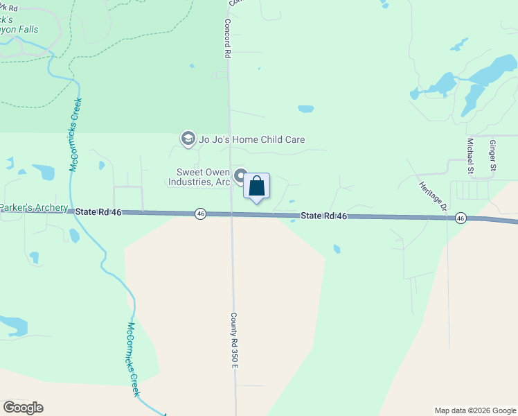 map of restaurants, bars, coffee shops, grocery stores, and more near 3583 State Road 46 in Spencer