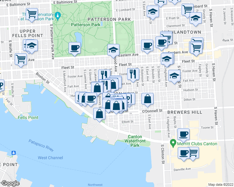 map of restaurants, bars, coffee shops, grocery stores, and more near South Linwood Avenue & Hudson Street in Baltimore