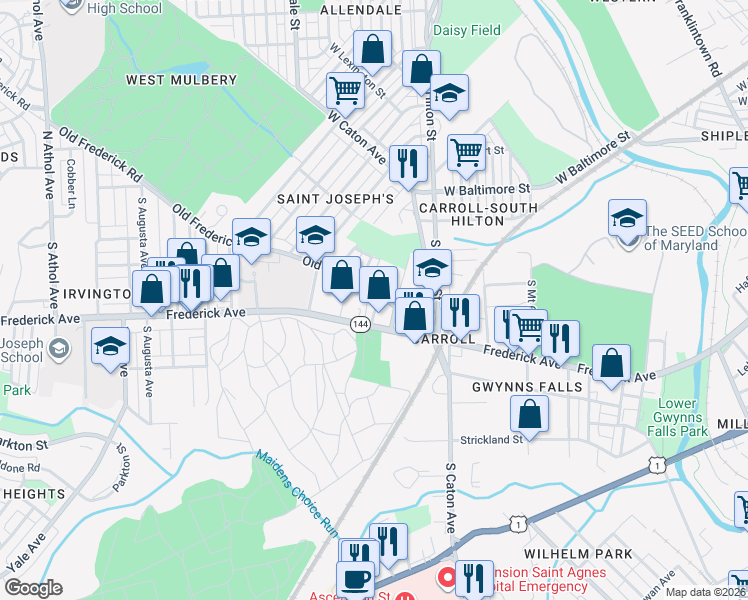 map of restaurants, bars, coffee shops, grocery stores, and more near 3449 Old Frederick Road in Baltimore