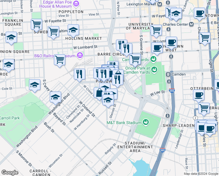 map of restaurants, bars, coffee shops, grocery stores, and more near 778 Carroll Street in Baltimore