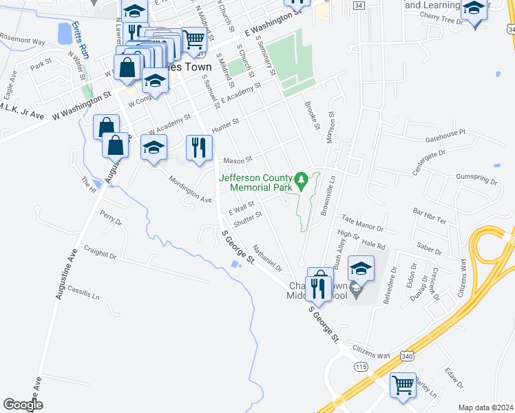 map of restaurants, bars, coffee shops, grocery stores, and more near 704 South Samuel Street in Charles Town