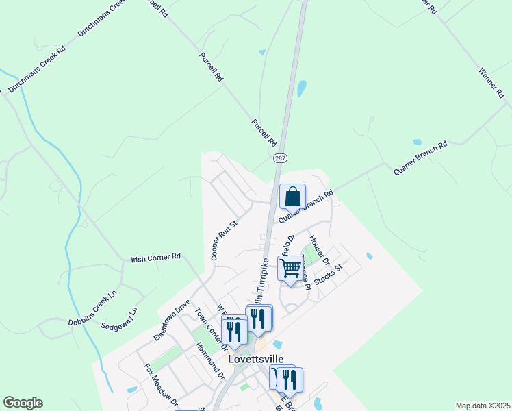 map of restaurants, bars, coffee shops, grocery stores, and more near 1 Cooper Run Street in Lovettsville