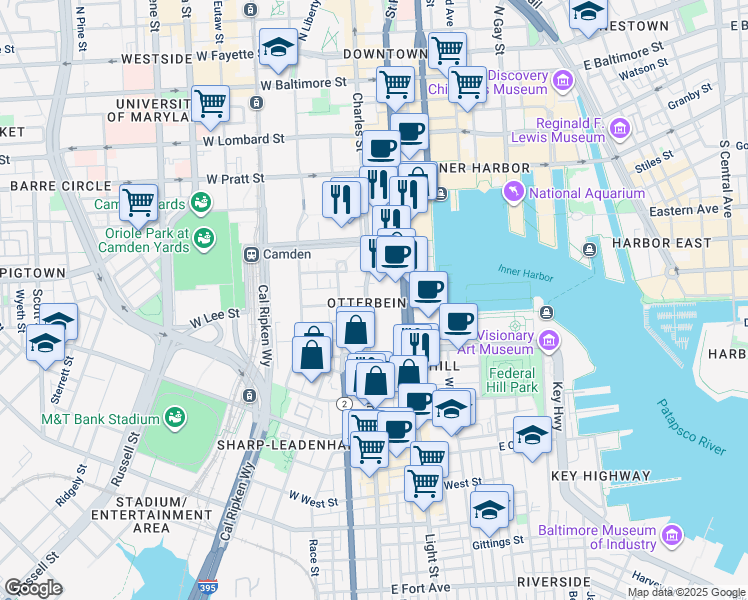 map of restaurants, bars, coffee shops, grocery stores, and more near 10 East Lee Street in Baltimore