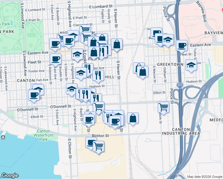 map of restaurants, bars, coffee shops, grocery stores, and more near 904 Grundy Street in Baltimore