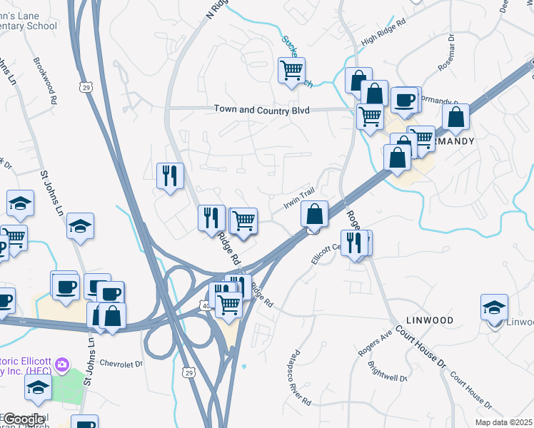map of restaurants, bars, coffee shops, grocery stores, and more near 3203 Kaiser Drive in Ellicott City