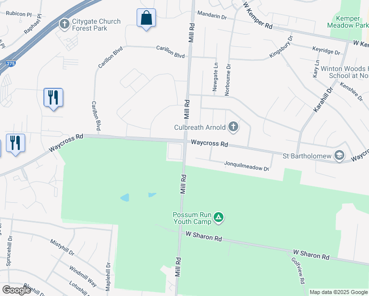 map of restaurants, bars, coffee shops, grocery stores, and more near 1661 Waycross Road in Cincinnati