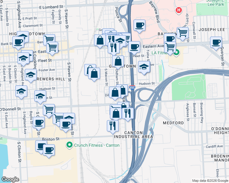 map of restaurants, bars, coffee shops, grocery stores, and more near 4642 Dillon Place in Baltimore