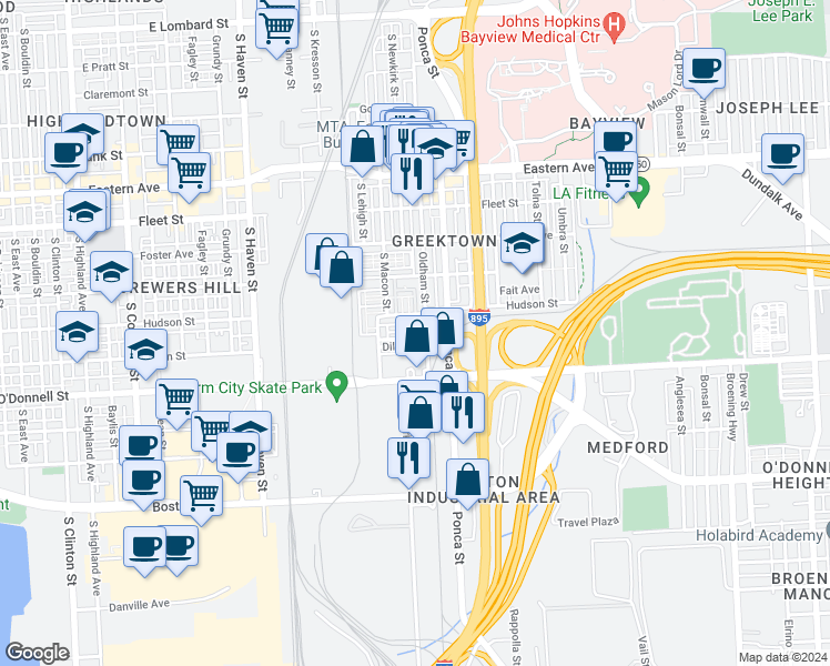 map of restaurants, bars, coffee shops, grocery stores, and more near 4642 Dillon Place in Baltimore