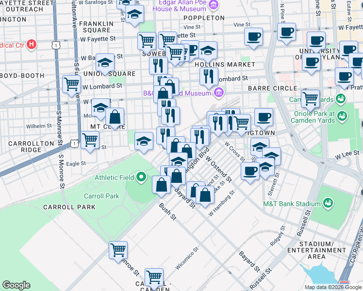 map of restaurants, bars, coffee shops, grocery stores, and more near 1219 Glyndon Avenue in Baltimore
