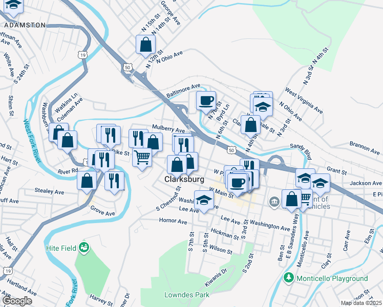 map of restaurants, bars, coffee shops, grocery stores, and more near 600 West Pike Street in Clarksburg