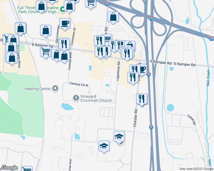 map of restaurants, bars, coffee shops, grocery stores, and more near 1410 Mallard Cove Drive in Sharonville
