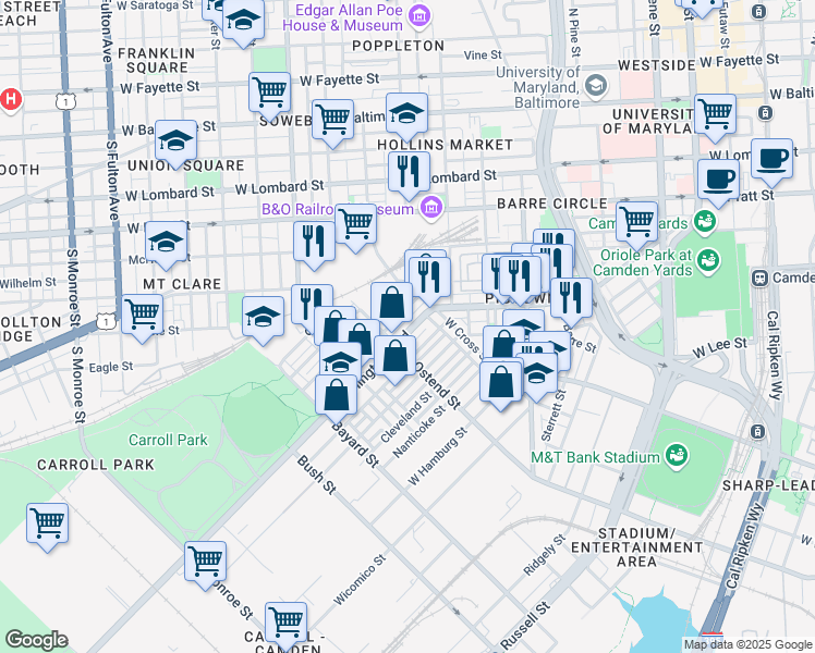 map of restaurants, bars, coffee shops, grocery stores, and more near 1152 Washington Boulevard in Baltimore