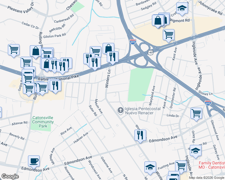 map of restaurants, bars, coffee shops, grocery stores, and more near 8 Roberts Avenue in Catonsville