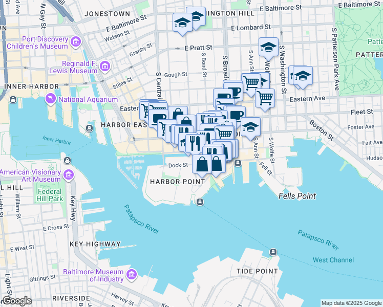 map of restaurants, bars, coffee shops, grocery stores, and more near 802 South Caroline Street in Baltimore