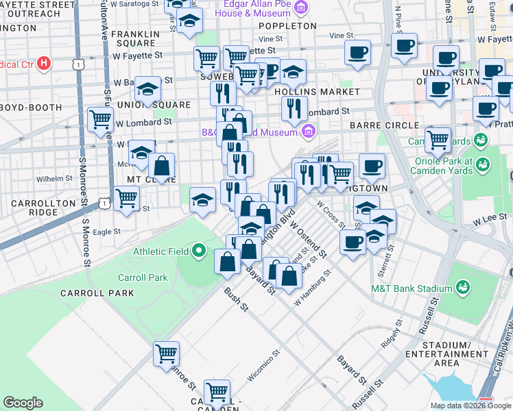 map of restaurants, bars, coffee shops, grocery stores, and more near 1217 Glyndon Avenue in Baltimore