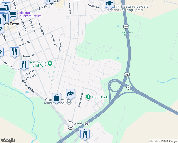map of restaurants, bars, coffee shops, grocery stores, and more near 160 Bar Harbor Terrace in Charles Town