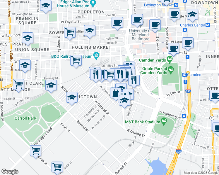 map of restaurants, bars, coffee shops, grocery stores, and more near 855 Reinhart Street in Baltimore