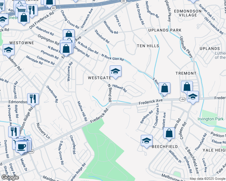 map of restaurants, bars, coffee shops, grocery stores, and more near 131 North Bend Road in Baltimore