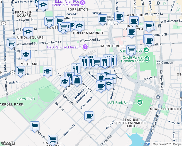 map of restaurants, bars, coffee shops, grocery stores, and more near 1222 West Cross Street in Baltimore