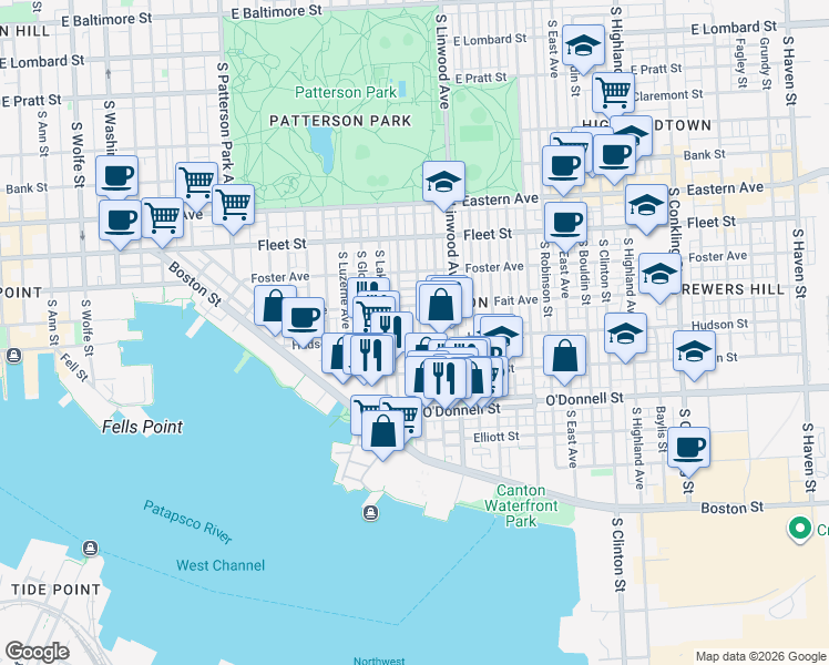 map of restaurants, bars, coffee shops, grocery stores, and more near 838 South Kenwood Avenue in Baltimore