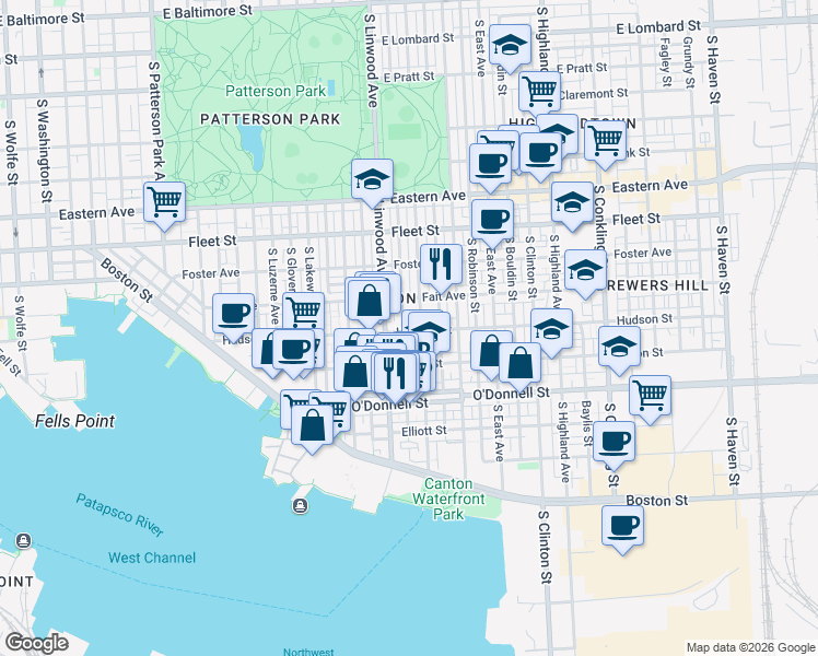 map of restaurants, bars, coffee shops, grocery stores, and more near 2922 Hudson Street in Baltimore