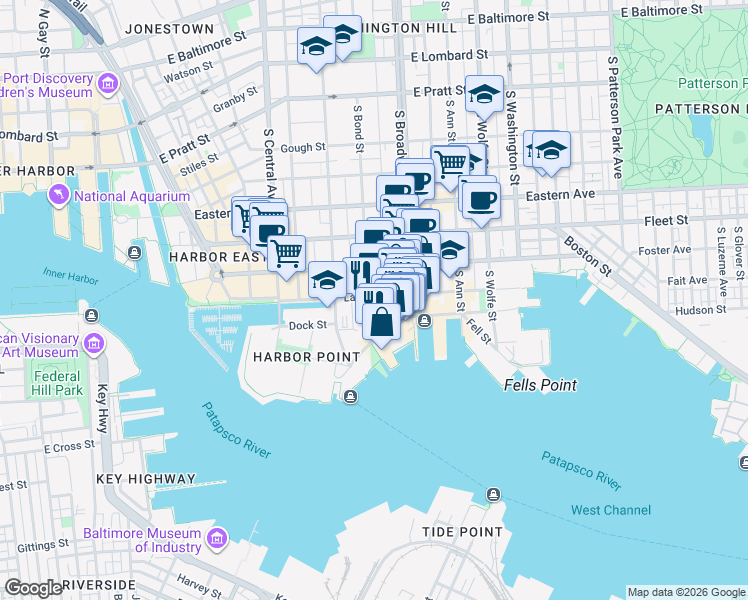 map of restaurants, bars, coffee shops, grocery stores, and more near 803 South Bond Street in Baltimore