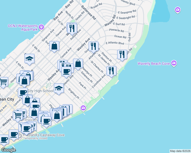 map of restaurants, bars, coffee shops, grocery stores, and more near 852 Pennlyn Place in Ocean City