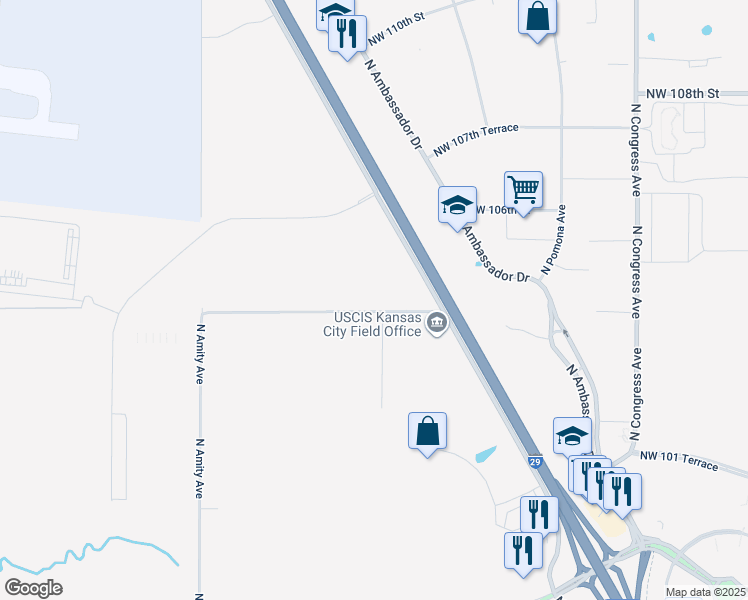 map of restaurants, bars, coffee shops, grocery stores, and more near 8600 Northwest 104th Street in Kansas City