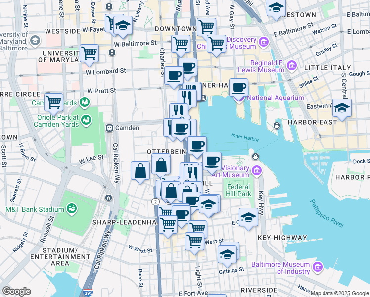 map of restaurants, bars, coffee shops, grocery stores, and more near 10 East Lee Street in Baltimore