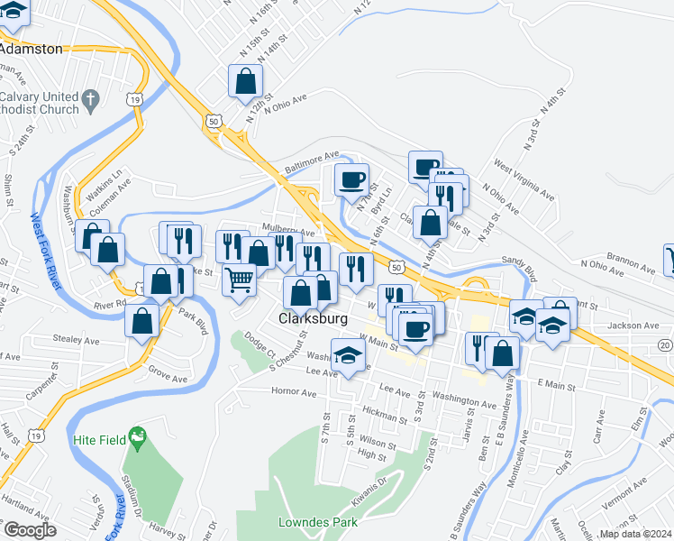 map of restaurants, bars, coffee shops, grocery stores, and more near 500 West Pike Street in Clarksburg