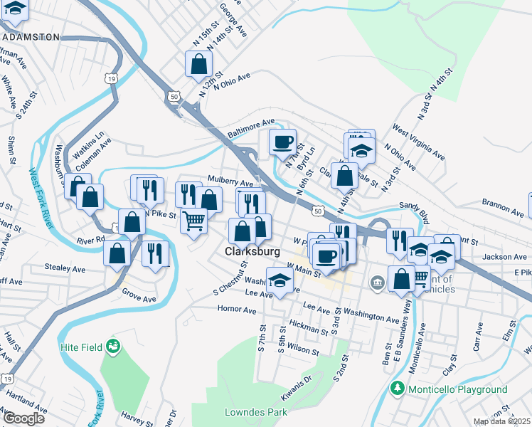 map of restaurants, bars, coffee shops, grocery stores, and more near 500 West Pike Street in Clarksburg