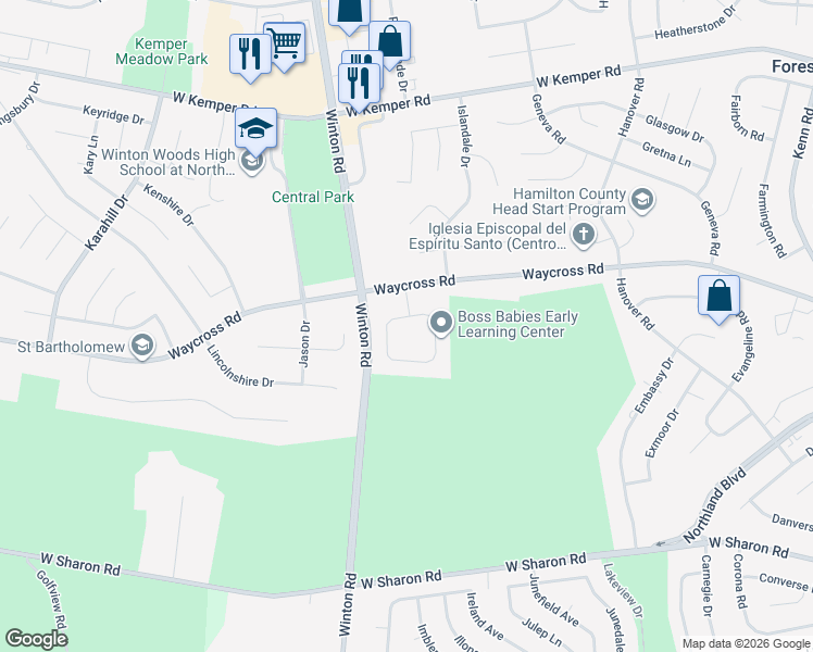 map of restaurants, bars, coffee shops, grocery stores, and more near 1127 Inner Circle Drive in Cincinnati