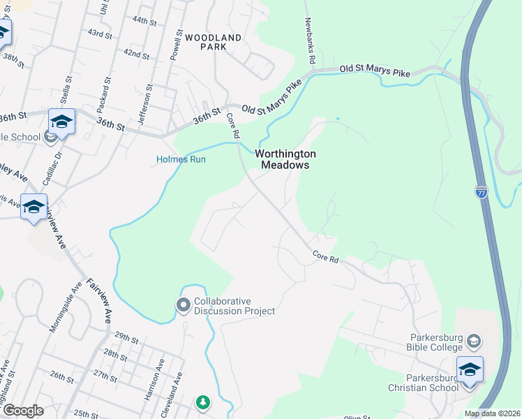map of restaurants, bars, coffee shops, grocery stores, and more near 2607 Core Road in Parkersburg