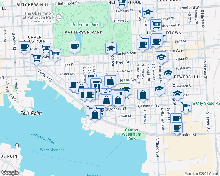 map of restaurants, bars, coffee shops, grocery stores, and more near 2824 Hudson Street in Baltimore