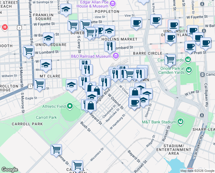 map of restaurants, bars, coffee shops, grocery stores, and more near 1147 Sargeant Street in Baltimore